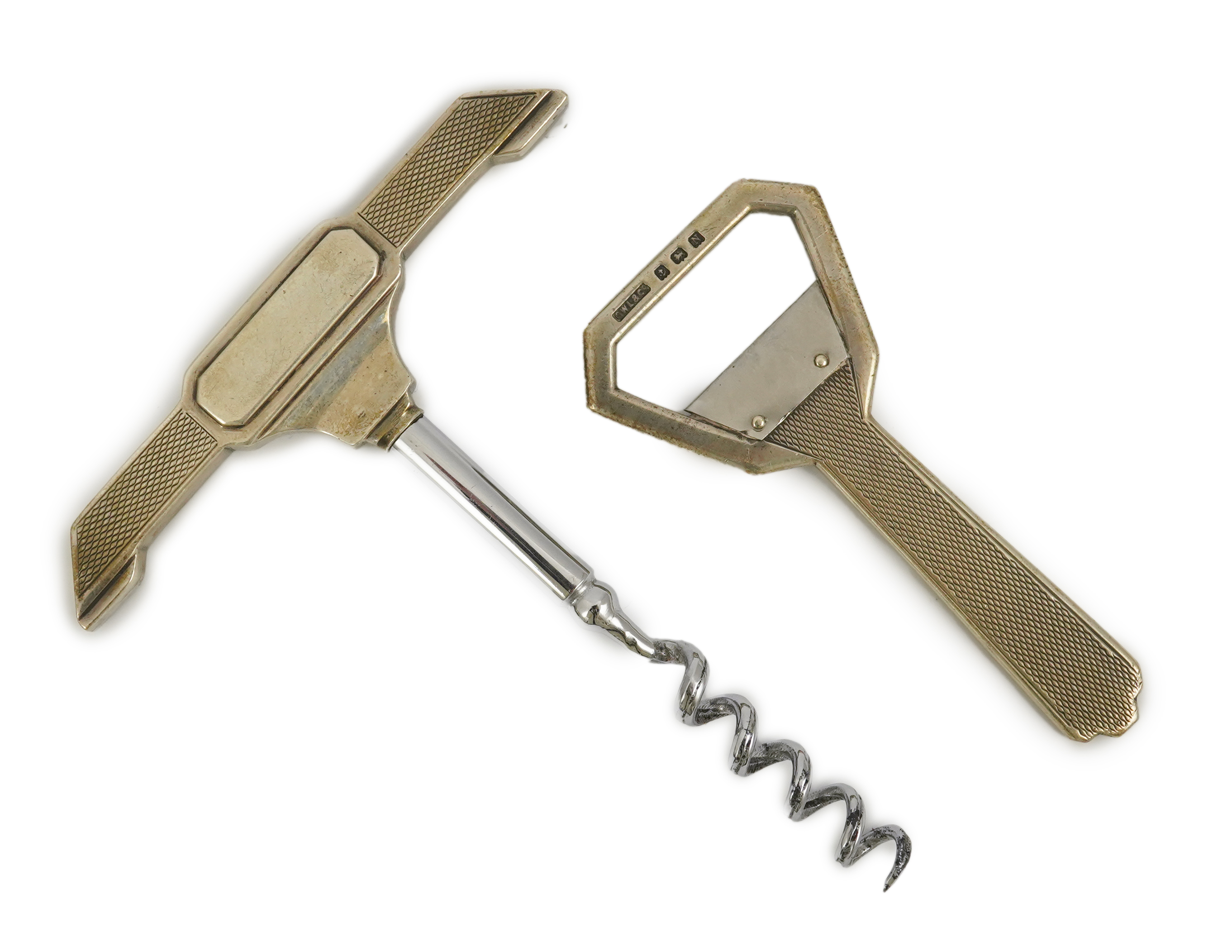 A cased 1930's Art Deco silver corkscrew and bottle opener set, by G.W. Lewis & Co